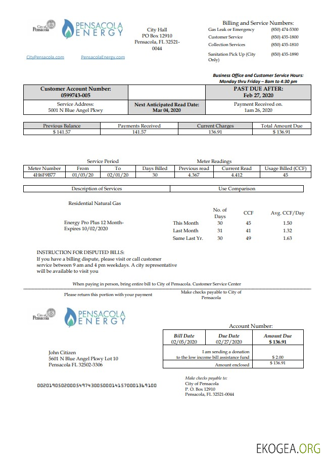 USA Florida Pensacola Energy utility bill template in Word and PDF format